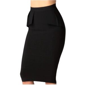 BEBE Peplum Bandage Black Midi Skirt M Bodycon High Waist Glam Pinup Rockabilly